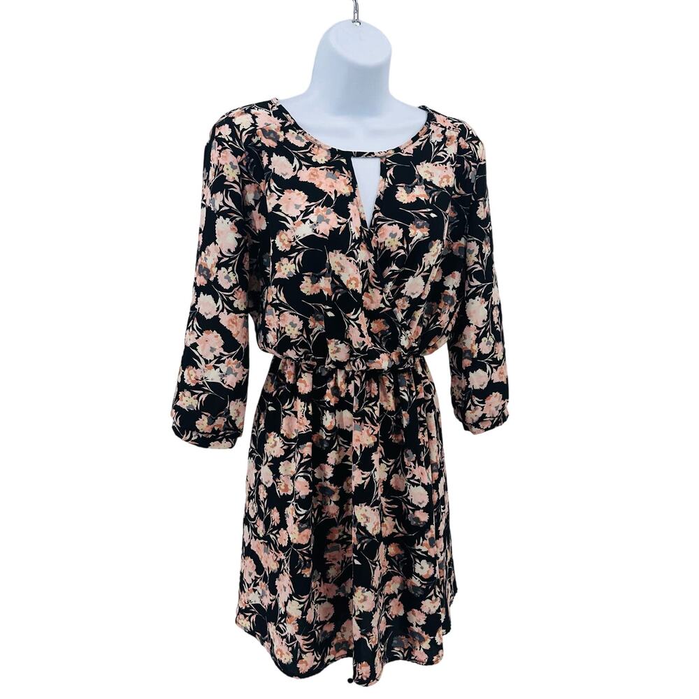 Lush Floral Black/Pink/Cream Dress WMNS Keyhole Neck Stretch Waist Mini SZ S